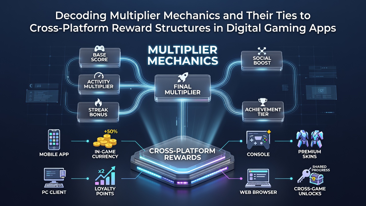 Digital gaming interface showing multiplier mechanics and reward structures across mobile and desktop platforms