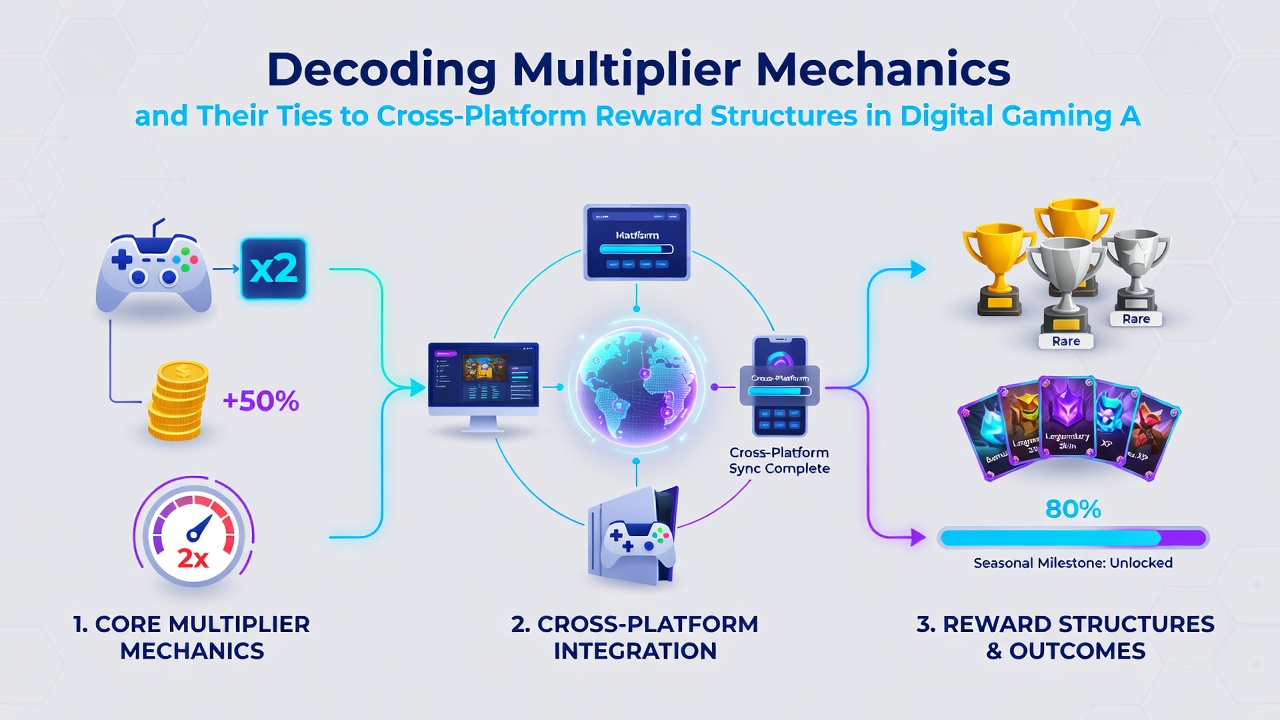 Cross-platform gaming rewards visualized through connected devices and multiplier progression charts