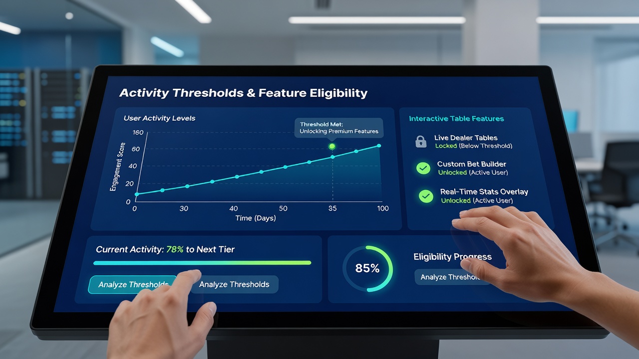 Analytics dashboard displaying user activity metrics and threshold completion rates for table game access