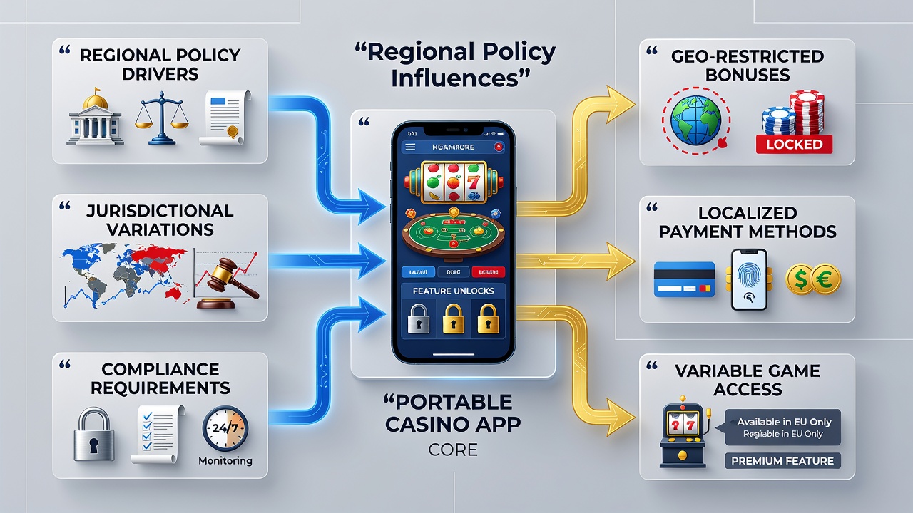 Mobile device displaying casino app interface with regional compliance indicators