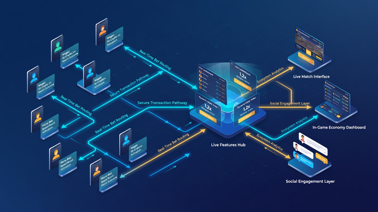 Diagram of mobile transaction pathways linking deposits to live gaming features
